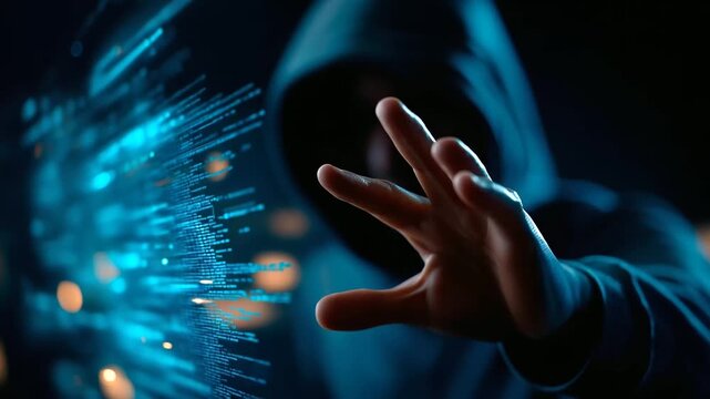 Faceless hooded hacker data breach concept, cybersecurity threat scenario, information security compromise, digital crime visualization, anonymous attacker representation, defocuse