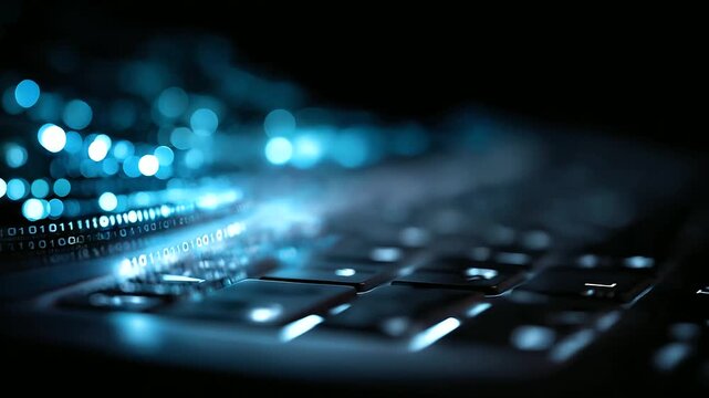 Binary code data bit screen display, laptop computer matrix, data flow visualization, big data age concept, artificial intelligence transfer, defocused blue light background, with
