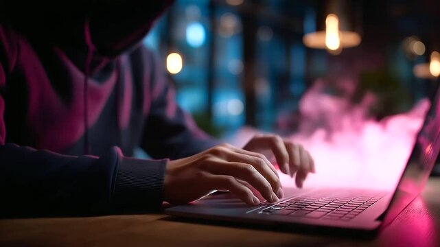 Faceless hacker hands typing on laptop keyboard, computer system hacking operation, mask and pullover wearing, security breach attempt, neon smoke atmospheric background, defocused