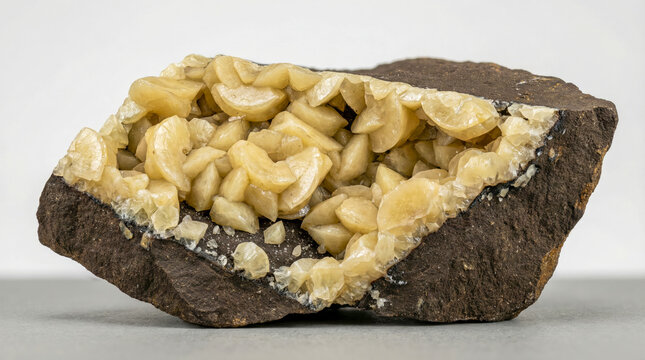 Pale yellow nested ankerite crystals forming a dense cluster within a dark fine-grained siderite cavity.