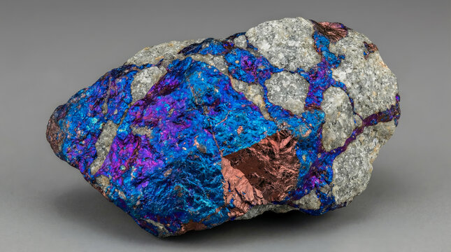 A collectible geological specimen of massive bornite with characteristic blue and purple iridescent tarnish in light quartz rock.