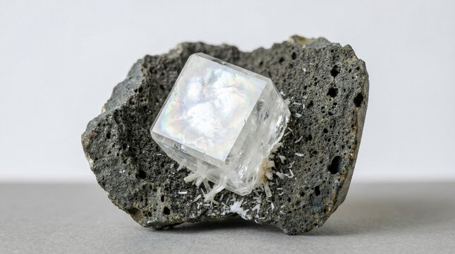 Transparent cubic apophyllite crystal with pearly luster on a dark porous a basaltic matrix with small white zeolites.