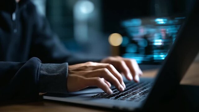Faceless hacker hands with laptop device, cybersecurity threat scenario, digital crime operation, system breach attempt, malicious activity display, defocused workspace surface, wi