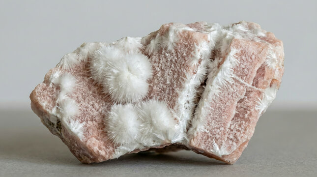 Spherical clusters of white acicular bavenite crystals on a pink feldspar and quartz mineral matrix.