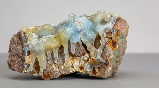 A collectible geological specimen of translucent blue and white sintered allophane coating on a brown volcanic scoria rock surface.