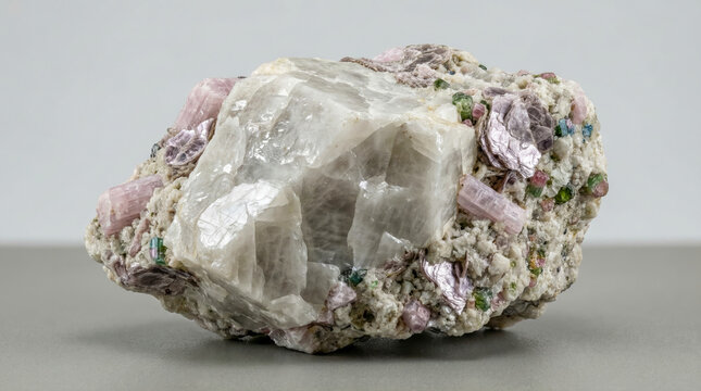 A collectible geological specimen of massive white amblygonite with pink lepidolite mica and green tourmaline in a granite pegmatite.