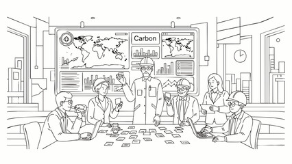 Obraz premium Diverse team of scientists collaborating in a modern laboratory, discussing global carbon emissions on a large digital display.