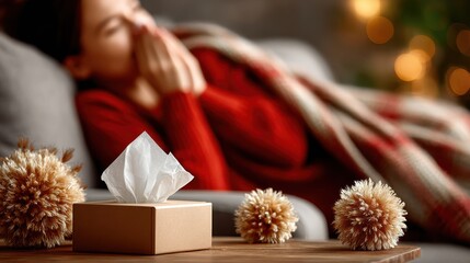 Woman wrapped in cozy blanket is resting on sofa, surrounded by holiday decorations, with a gift box and tissues on the table, conveying a warm atmosphere