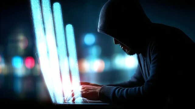 Silhouette of hooded criminal hacking computer, binary code background display, cyber crime concept visualization, digital threat scenario, anonymous attacker representation, defoc