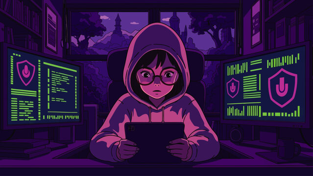 Young hacker girl in hoodie and glasses working on laptop in dark room with multiple computer screens displaying code and security symbols