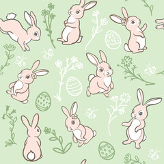 Fototapeta premium Seamless Vector Easter Pattern With Cute Bunnies, Flowers And Easter Eggs. Hand Drawn Pastel Repeating Background Perfect For Wrapping Paper, Fabric, Kids And Holiday Designs
