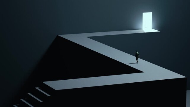 man walking on zigzag path to glowing door, minimalist surreal concept, dark abstract scene