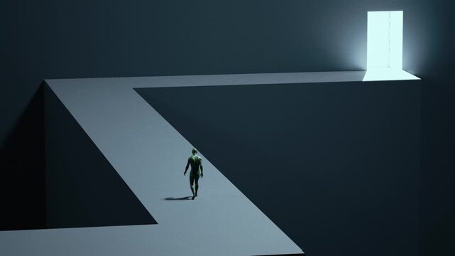 man walking on zigzag path to glowing door, minimalist surreal concept, dark abstract scene