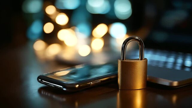 Phone lock protection from cyber scam, online data fraud prevention, identity theft defense, laptop hacker virus code, phishing cybersecurity danger, defocused device display, with