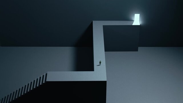 tiny figure on elevated walkway, minimalist brutalist space, surreal light and shadow