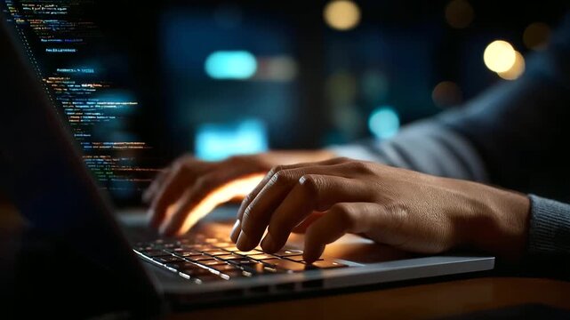 Faceless hacker hands typing on laptop keyboard, malicious code writing, computer virus program, cyber attack operation, digital crime activity, defocused dark workspace, with copy