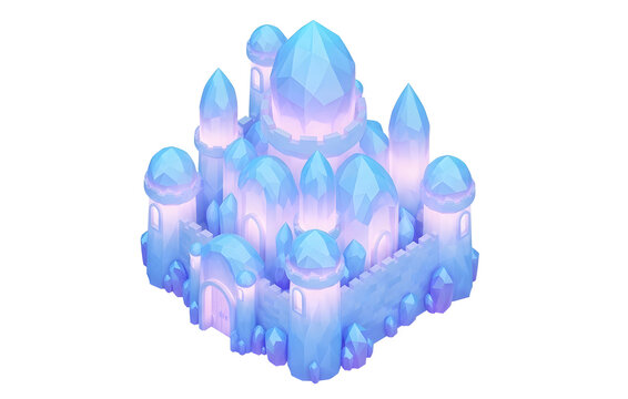 Radiant Low Poly Crystal Ice Castle 3D Game Asset. Fantasy games, icons. 3D Icon, games asset. transparent background