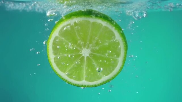Fresh lime slice falling into sparkling water with bubbles 4K (पानी में नींबू 4K)