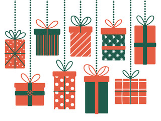 A colorful illustration of hanging Christmas presents in various patterns and designs.