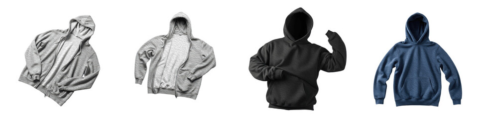 Set and Collection of Premium Cotton Hoodies, Urban Streetwear Hooded Sweatshirt Bundle in Various Colors, Isolated on White Transparent PNG Background © ibrahim