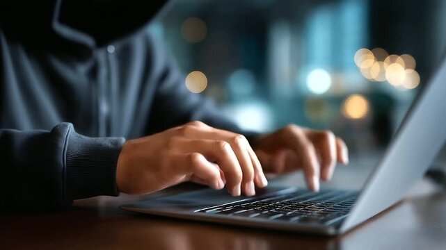 Faceless computer hacker hands stealing data, laptop theft operation, information breach scenario, cybercrime activity display, unauthorized access visualization, defocused workspa