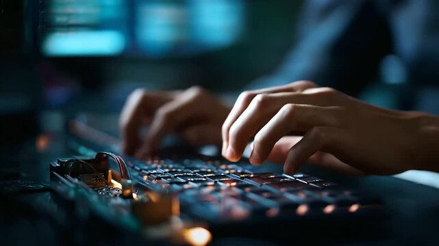 Faceless cyber security engineer hands typing keyboard, network protection work, cyberattack prevention operation, online privacy access, personal data protection task, defocused c