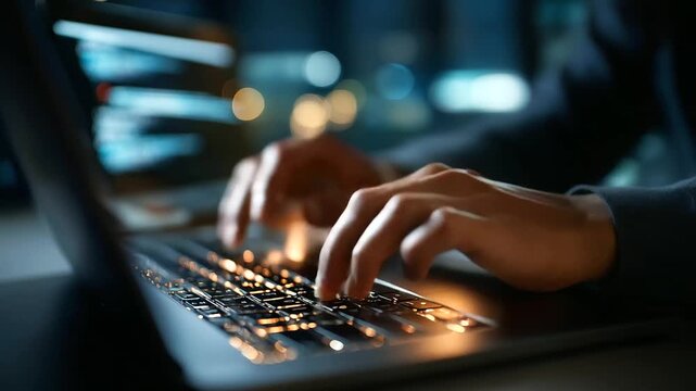 Faceless hacker hands typing on laptop keyboard, malicious code writing, computer virus program, cyber attack operation, digital crime activity, defocused dark workspace, with copy