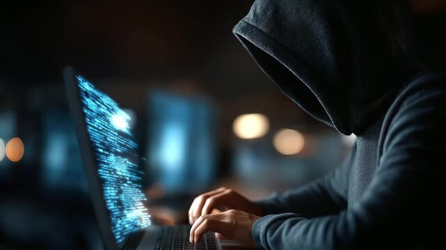 Faceless hooded hacker at computer with blue code, cybersecurity threat scenario, information security breach, digital crime visualization, anonymous attacker concept, defocused te