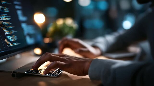 Faceless hands of hacker in dark room, code writing operation, computer virus program usage, cyber attack activity, malicious software development, defocused workspace background,