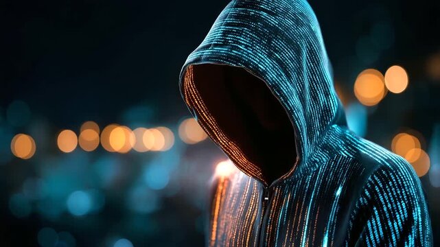 Faceless hooded hacker cybersecurity concept, system breach scenario, digital crime visualization, anonymous threat actor, malicious activity representation, defocused dark backgro