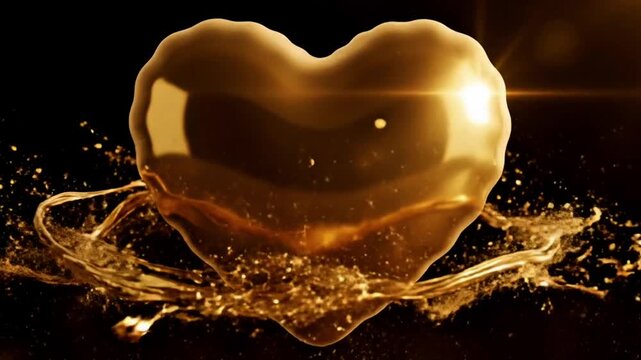 A stylized, puffy heart shape forming dynamically from swirling golden luxury dust and sparkles. The heart solidifies with a polished metallic gold texture