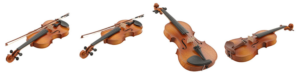 Set and Collection of Classical Wooden Violins, Antique Musical Instrument and Fiddle Bow Bundle, Isolated on White Transparent PNG Background © FIDEL CASTRO