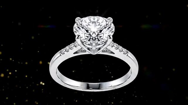 A diamond engagement ring materializing from bright white starbursts and gold glitter. The diamond sparkles intensely as it rotates slowly