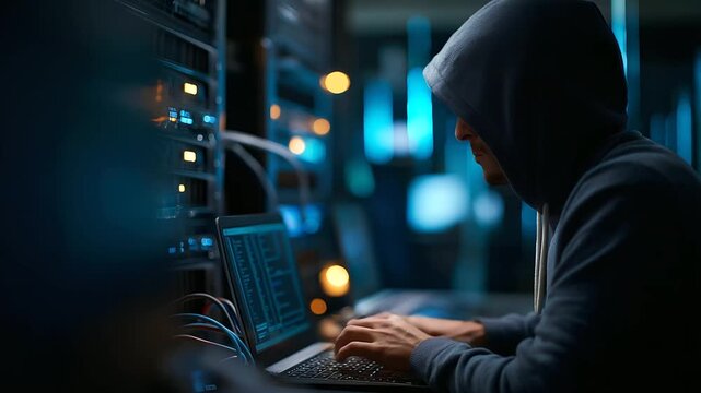 Faceless masked hacker at computer workstation, massive data breach attack, corporate servers targeting, underground location operation, displays and cables surrounding, defocused