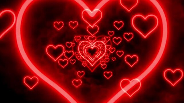 A tunnel of floating, glowing red outline hearts moving towards the camera. The hearts appear from mist and fade out.