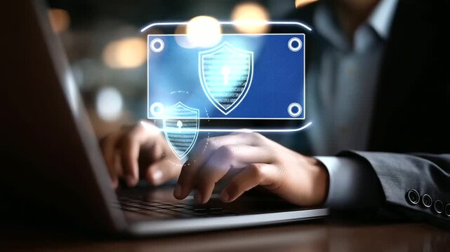 Faceless man hands working on laptop, advanced cyber security shield, sensitive data protection, digital environment securing, potential threats prevention, defocused workspace bac
