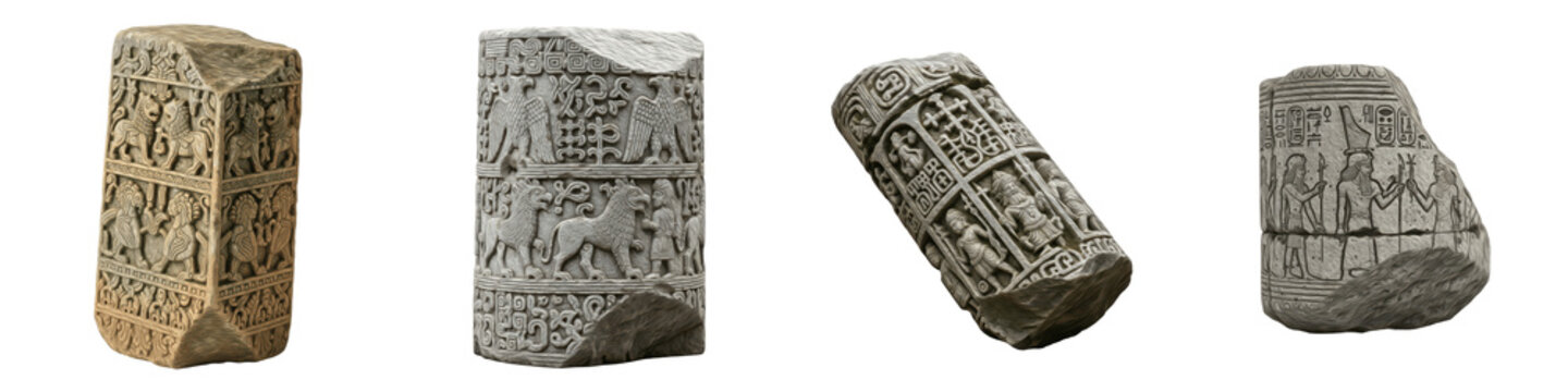 Set and Collection of Ancient Mesopotamian Cylinder Seals and Stone Tablets, Antique Sumerian Artifact Bundle with Intricate Carvings, Isolated on White Transparent PNG Background