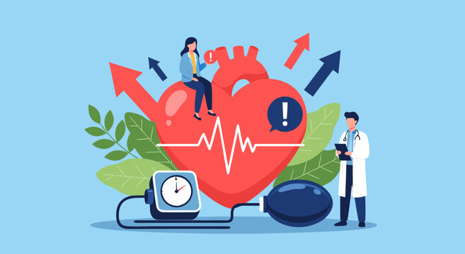 High Blood Pressure Vector Illustration with Heartbeat Monitor and Doctor Advising Patient on Health