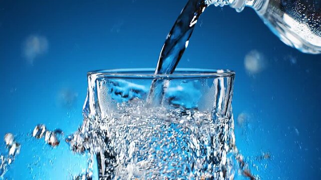 Clear water pouring into glass with splash and bubbles