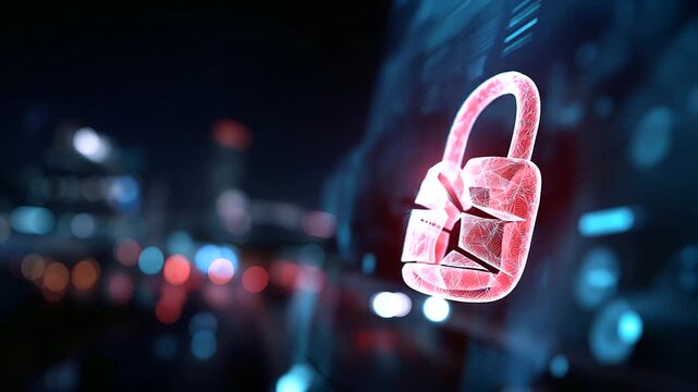 Hacker attack and data breach visualization, information leak concept display, double exposure cyber background, broken lock symbol, security compromise representation, defocused d