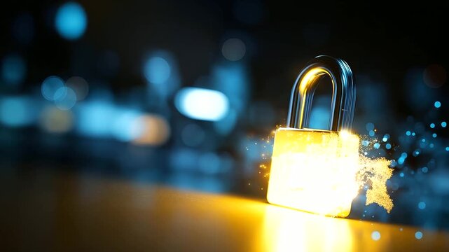 Hacker attack and data breach visualization, information leak concept display, futuristic cyber background, broken lock symbol, security compromise representation, defocused digita