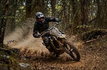 Motocross rider speeding through dusty forest trail