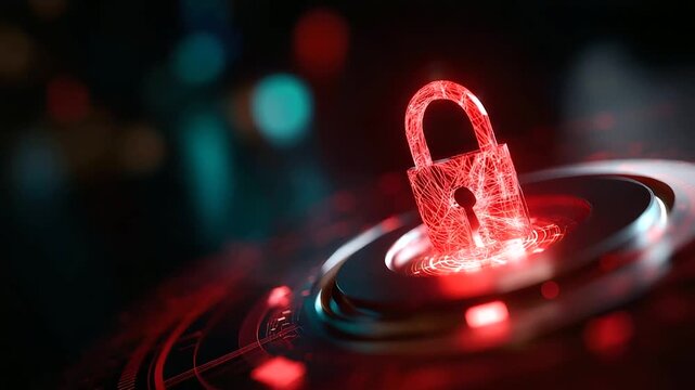 Hacker attack security breach visualization, system hacked display, internet cyber attack alert, red broken padlock symbol, cybersecurity threat representation, defocused digital i