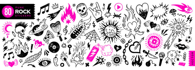 Rock Punk doodle tattoo. Emo music graffiti sticker with fire heart, skull, microphone flame. Grunge icon grafitti. Scribble y2k hand drawn background. Marker crayon chalk art. Doodle rock punk tattoo © Olga Che