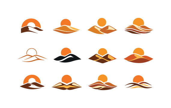 Desert dunes. Icon set. Set Logo of desert dunes: dune with sun disc. harmonious logo variations of the same emblematic concept, each with