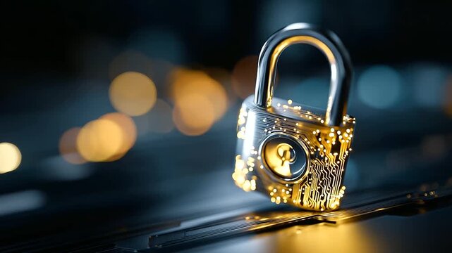 Penetrated security lock with hole visualization, computer circuit board display, breach compromise concept, system vulnerability representation, unauthorized access scenario, defo
