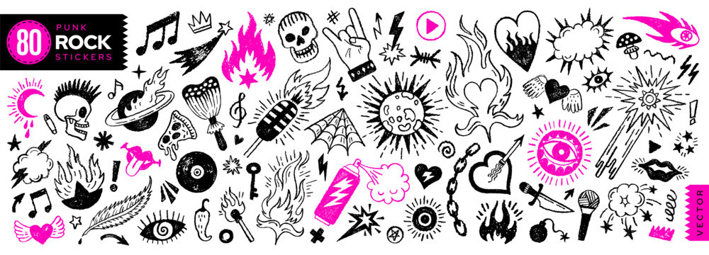 Rock Punk doodle tattoo. Emo music graffiti sticker with fire heart, skull, microphone flame. Grunge icon grafitti. Scribble y2k hand drawn background. Marker crayon chalk art. Doodle rock punk tattoo