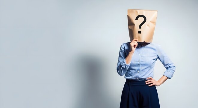 Person with a paper bag over their head and a question mark symbolizing anonymity and uncertainty.