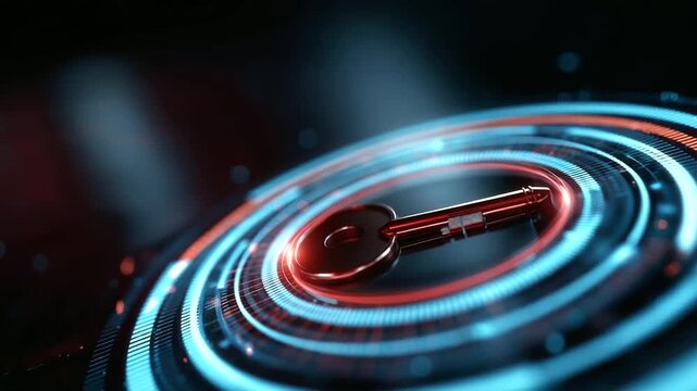 Security hack threats visualization, data leaks system display, red open key surrounded by blue closed, problem solving gap representation, ethical hacking concept, defocused digit