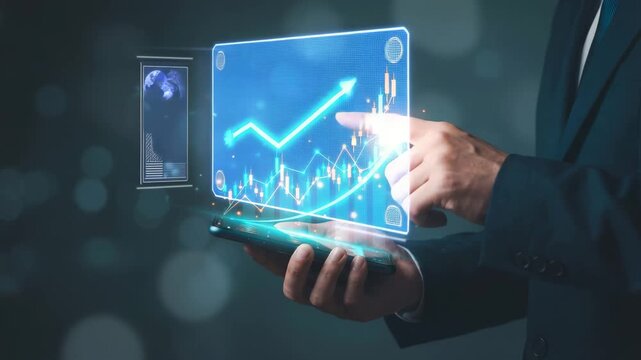 Business leader engaging with interactive augmented reality financial chart, illustrating market growth and digital investment strategy on smartphone.
